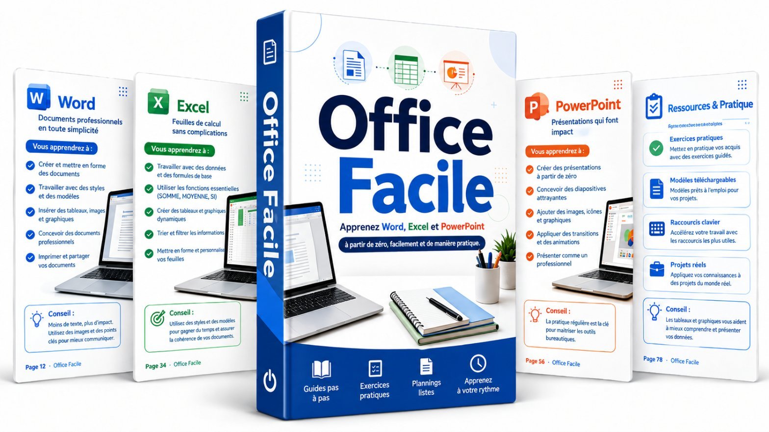 Mockup du kit numérique Office Fácil avec guides de Word, Excel et PowerPoint